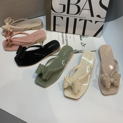 Шлепанцы с бантом, женские летние новые модные тенденции, модные пляжные тапочки с плоским дном и квадратной головкой