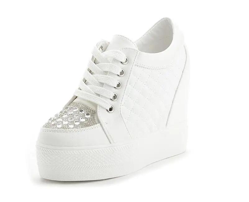 Fashion Women Sneakers Wedding Rhinestone Casual Platform Trainers White Mesh Shoes 11CM Heels Breathable Woman Height Increasing Shoes