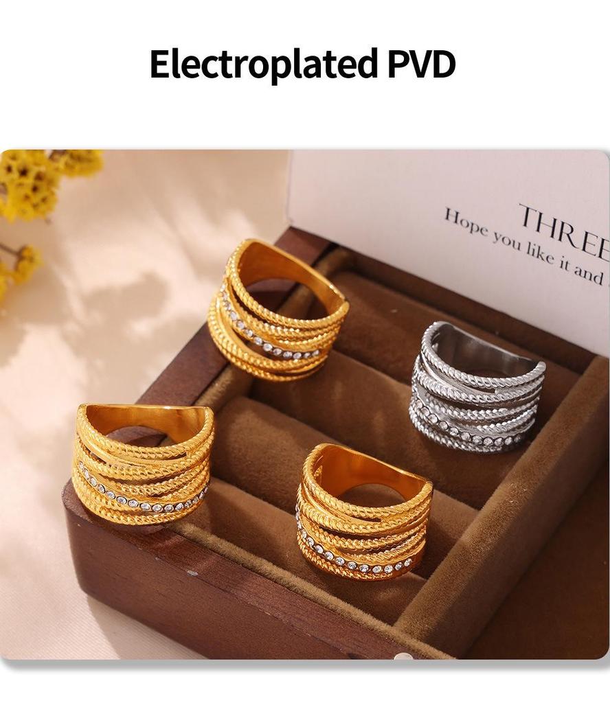 18K Gold-Plated Multi-Layer Twist Cross Diamond Hollow Ring