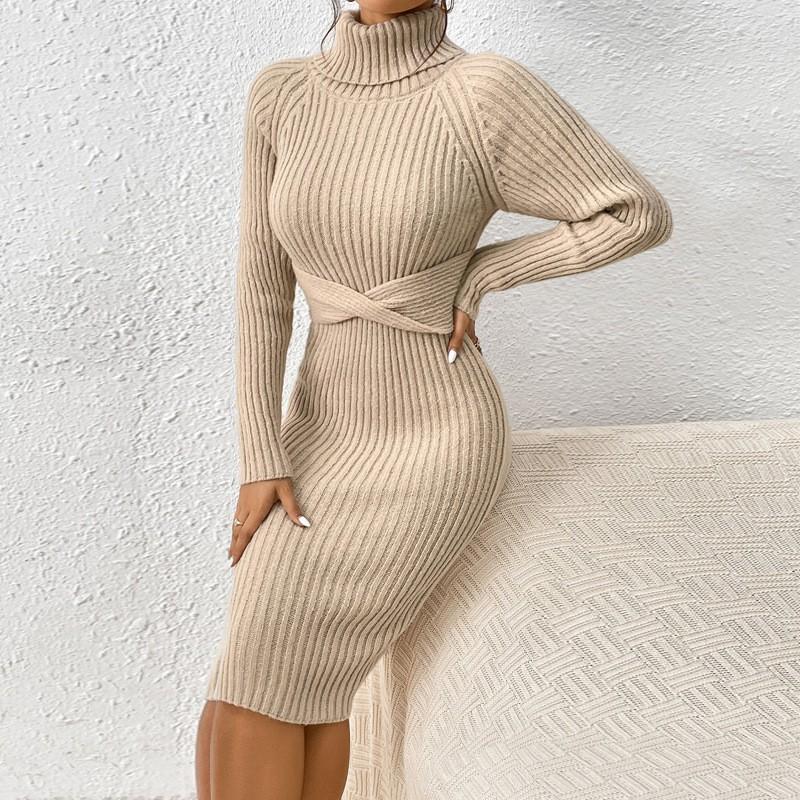 Womens High Neck Slim Fit Knit Sweater Dress Solid Color Long Sleeve Casual Chic Outfit