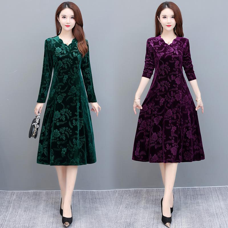 Осеннее бархатное платье для мамы больших размеров, тонкое платье средней длины с длинными рукавами для женщин среднего и пожилого возраста