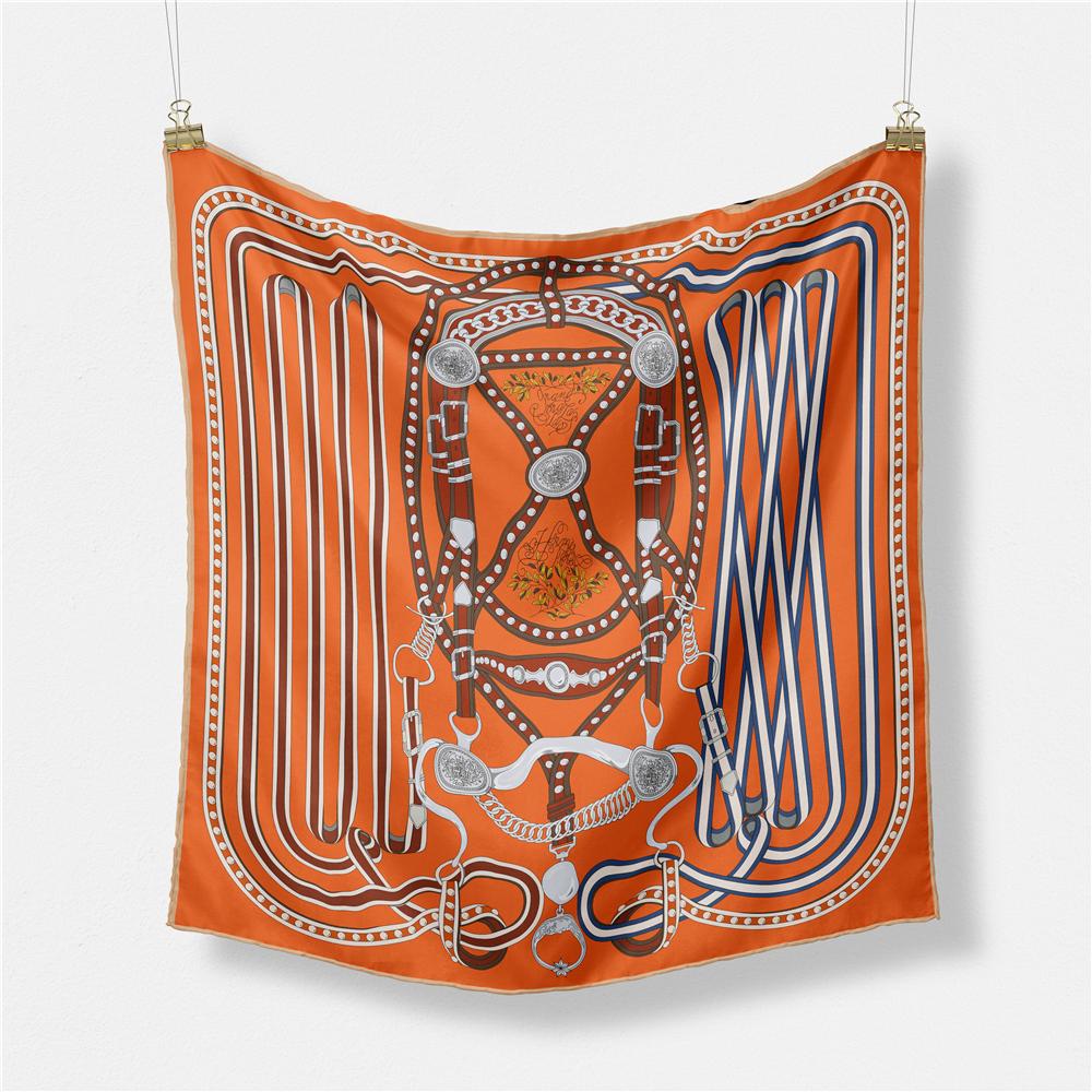 POBING Twill Silk Scarf Woman Chain Print Square Scarves Wraps Bandana Small Hijab Foulards Lady Tie Headband Neckerchief 53CM