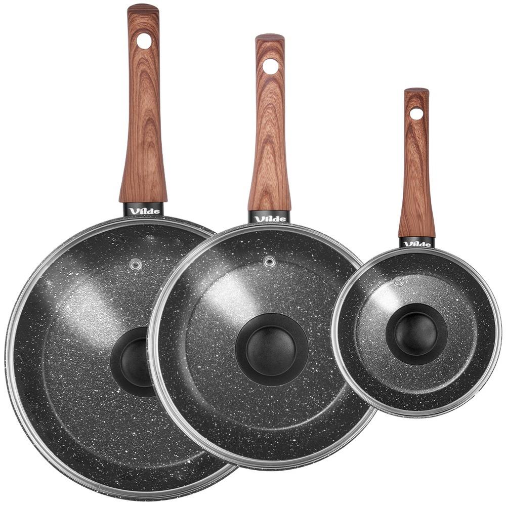 Set Of Granite Frying Pans With Glass Lids Black&Wood 16 / 20 / 24 Cm 3 Pcs.