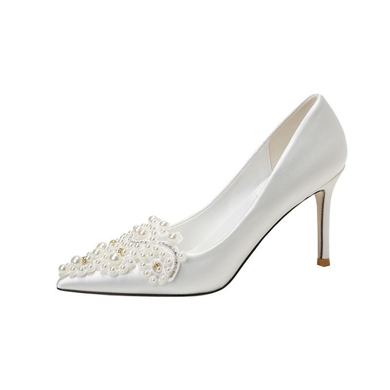 White Wedding Shoes for Bride Pointed Toe High Heels Rhinestone Pearl French Satin Bridal Party Shoes