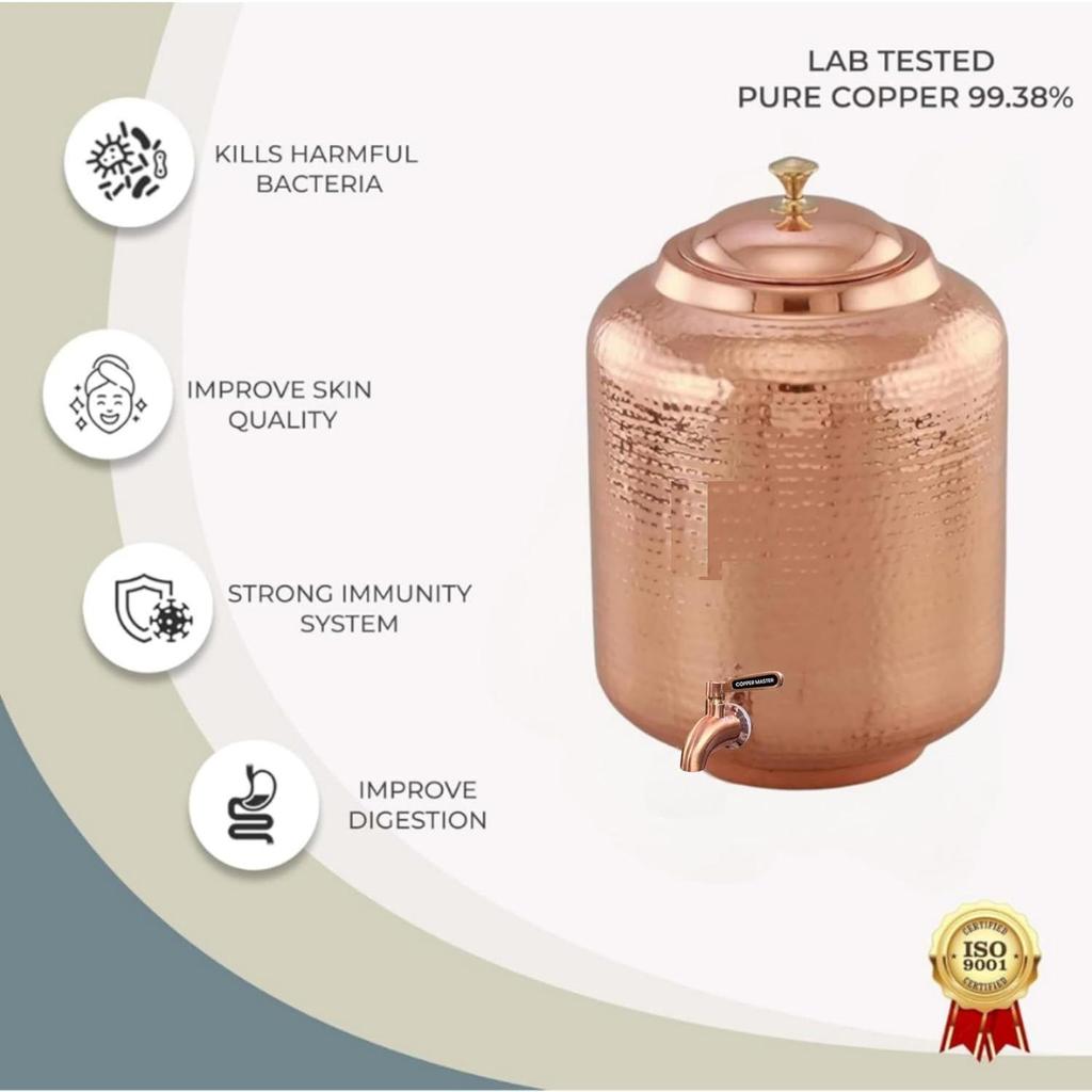 8 Litre Hammered Copper Water Dispenser (Matka) Container Pot with 2 Pure Copper Glasses Pure Copper and Ayurvedic Health Benefits