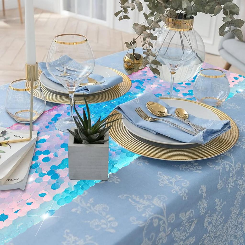 Mermaid Tail Scales Table Runner 12 x 84 Inches - Glitter Holographic Sequin Cover for Ocean Under The Sea Party Decorations and Supplies (1)