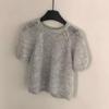 Women's Light Gray Puff Sleeve Mohair Sweater - Autumn/Winter, Round Neck, Short Sleeve Knit Top.