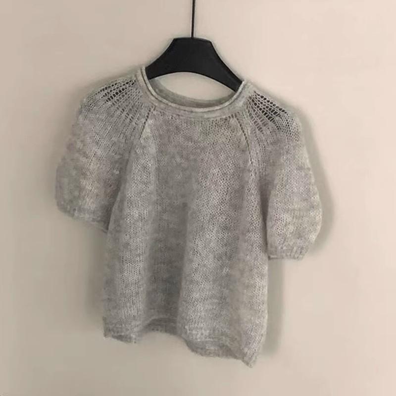 Women's Light Gray Puff Sleeve Mohair Sweater - Autumn/Winter, Round Neck, Short Sleeve Knit Top.