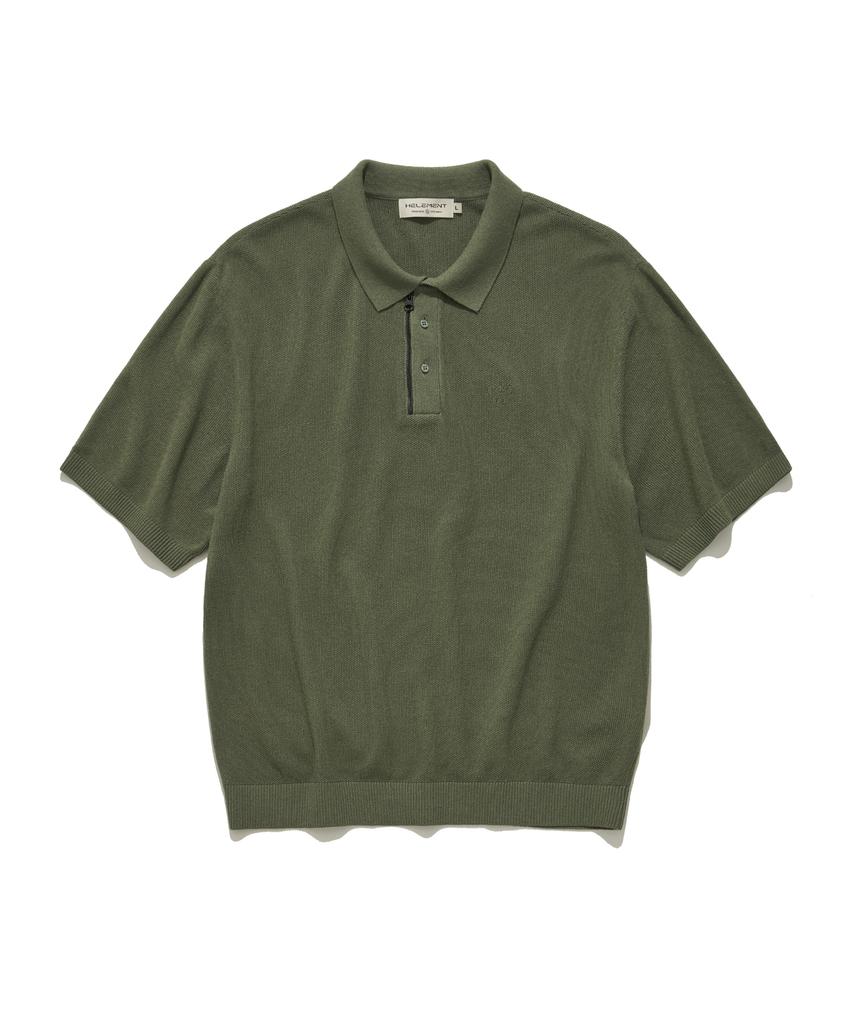 HELEMENT Knit Zip-Up Collared Short Sleeve (D Green)