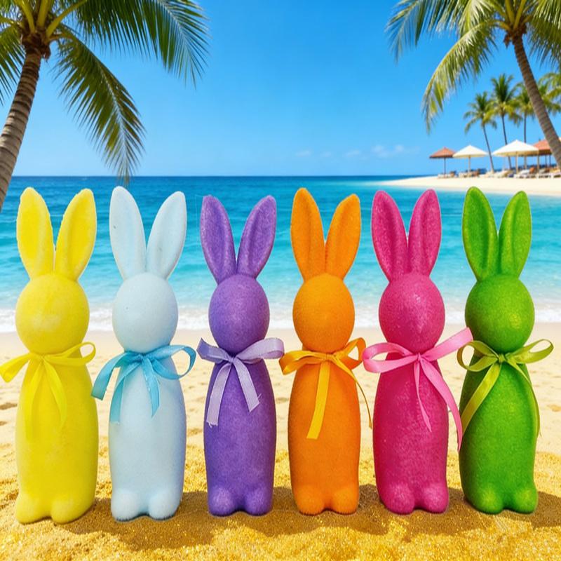 Flocked Easter Bunny Decor Cute Easter Standing Rabbit Statue With Bow Tie Spring Tabletop Centerpiece Nursery Home Decor