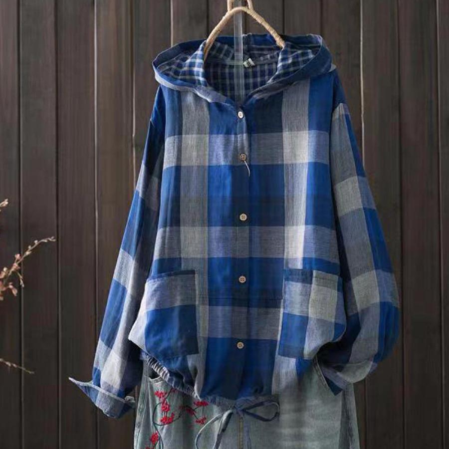 Women's Japanese Korean Hooded Thin Jacket Retro Double-layer Cotton Yarn Checkered Plus Size Artistic Retro Casual Cardigan Top Jacket