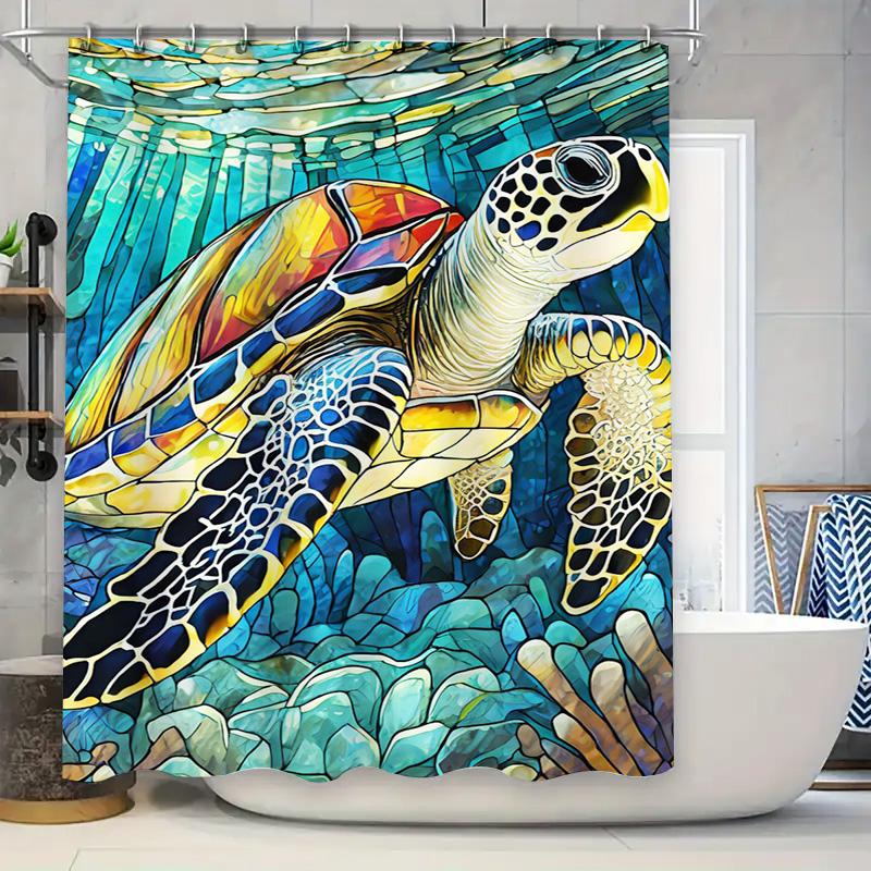 Handcrafted Tiled Turtle Shower Curtain Underwater Marine Life Artistic Decoration for Bathroom Blue Yellow White Patterned Fabr