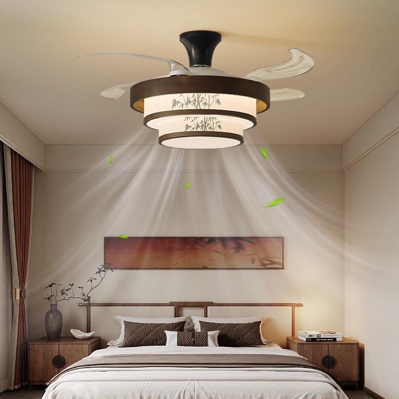 Song Dynasty Mid-Century Retro Solid Wood Invisible Ceiling Fan Light for Bedroom, Living Room, and Restaurant.