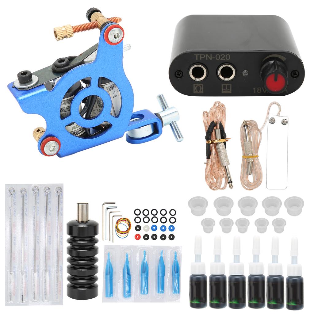 Complete Tattoo Kit Professional Tattoo Machines Starter Kit Tattoo Coils Machines Needles Grips 6