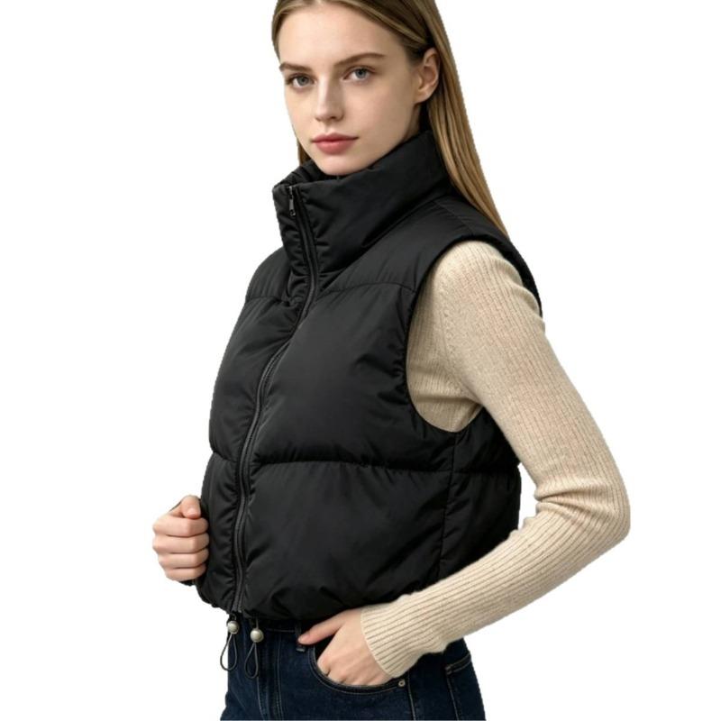 Women S Vintage Simple Versatile Stand Collar Sleeveless Short Down Cotton Vest With Drawstring Waist