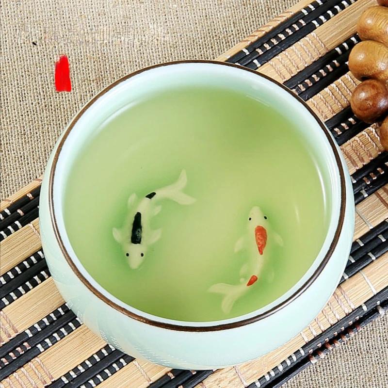 Chinese Longquan Celadon Porcelain 1pcs Tea cup,China Teacups and SaucerTea Bowl Golden Fish 60ml China Tea Pot Celadon Teacups