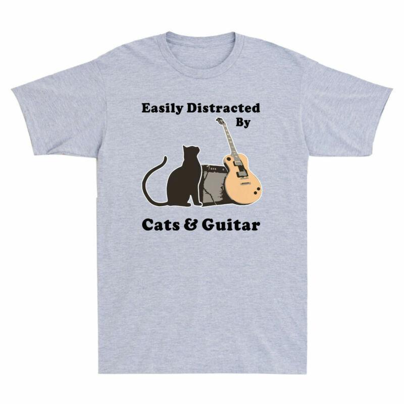 By Shirt Unisexs Novelty T Funny Tee Cats And Black Distracted Easily Guitar Cat
