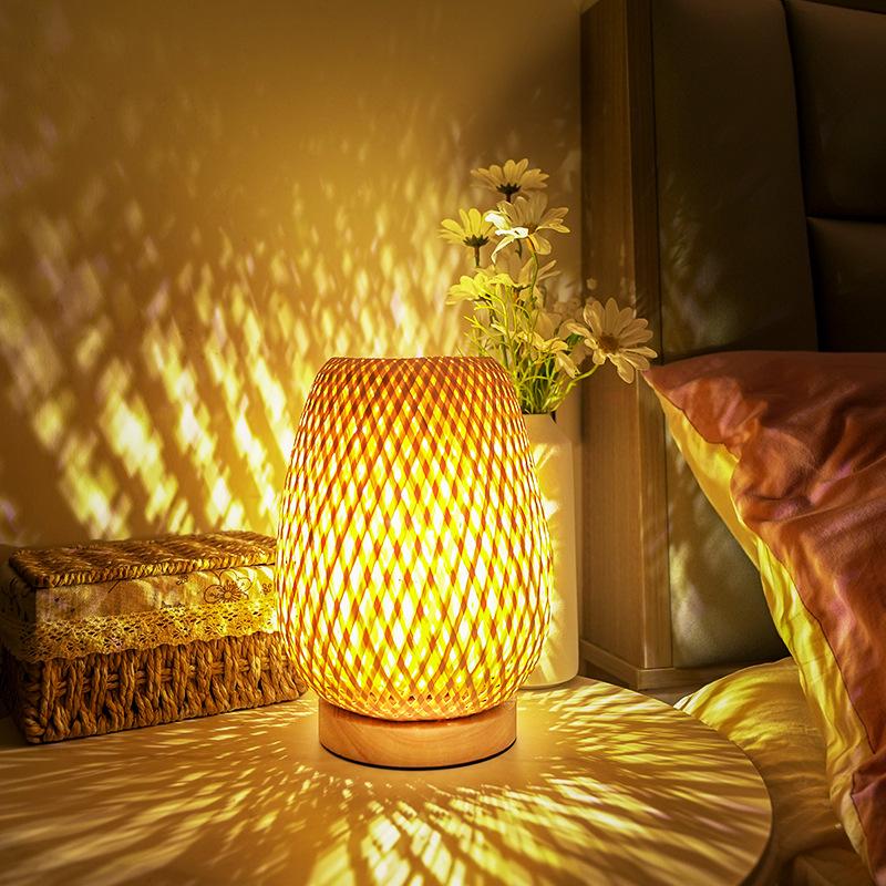 Small Rattan Table Lamp Dimmable Beside Lamp Vintage Wicker Wooden Night Stand Lamp for Bedroom Living Housing Home Room