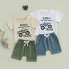 Boys Summer Shorts Sets Short Sleeve O Neck Letter Truck Print Tops Solid Color Shorts Sets