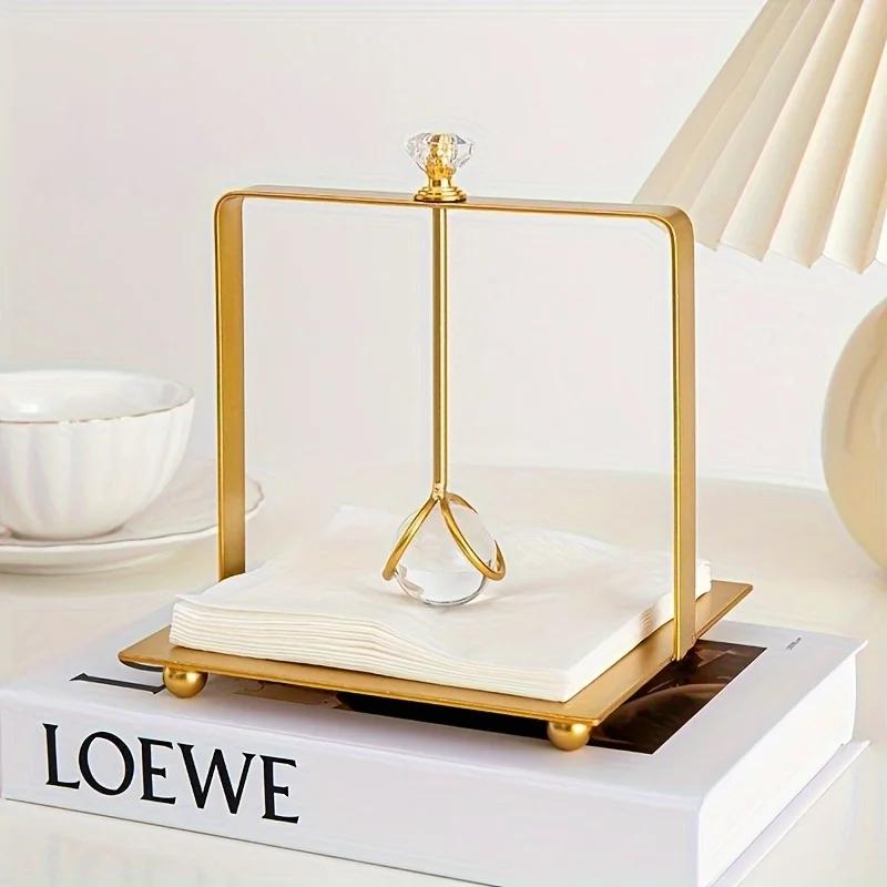 1pc Elegant Golden Stainless Steel Square Napkin Holder with Clear Crystal Accent,Freestanding Tissue Organizer for Bathroom