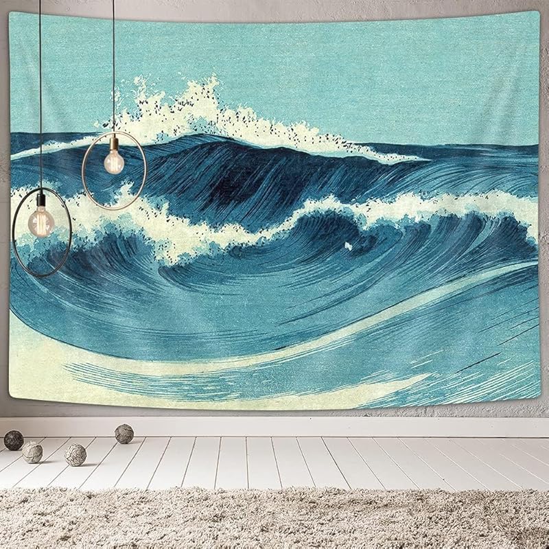 Ydbkt Retro Ocean Tapestry Wall Hanging, Blue Abstract Wave Wall Art, 40L" x 60W", Bedroom Decor