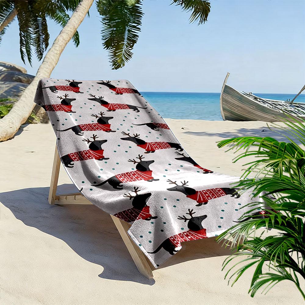 Festive dachshunds in sweaters Print beach towel, quick drying, suitable for travel, outdoor sports, jogging, the beach and swimming, gift
