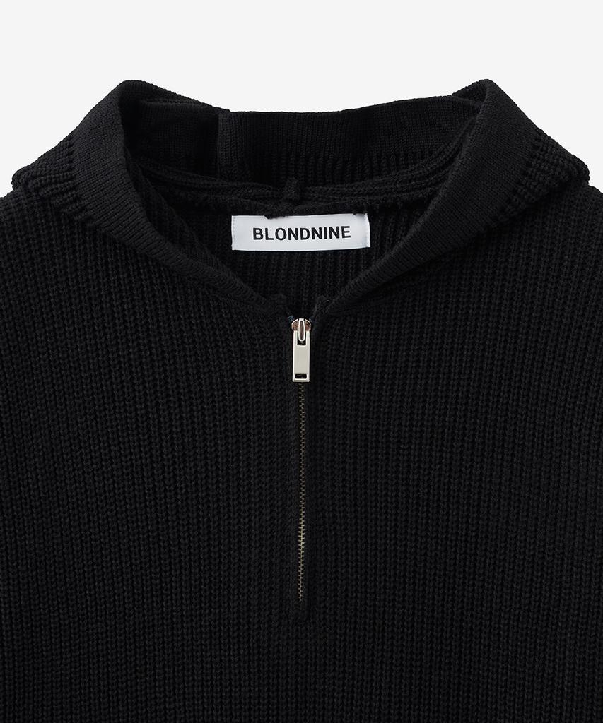 BLOND9 Oversized Rib Knit Hoodie Half Zip_Black
