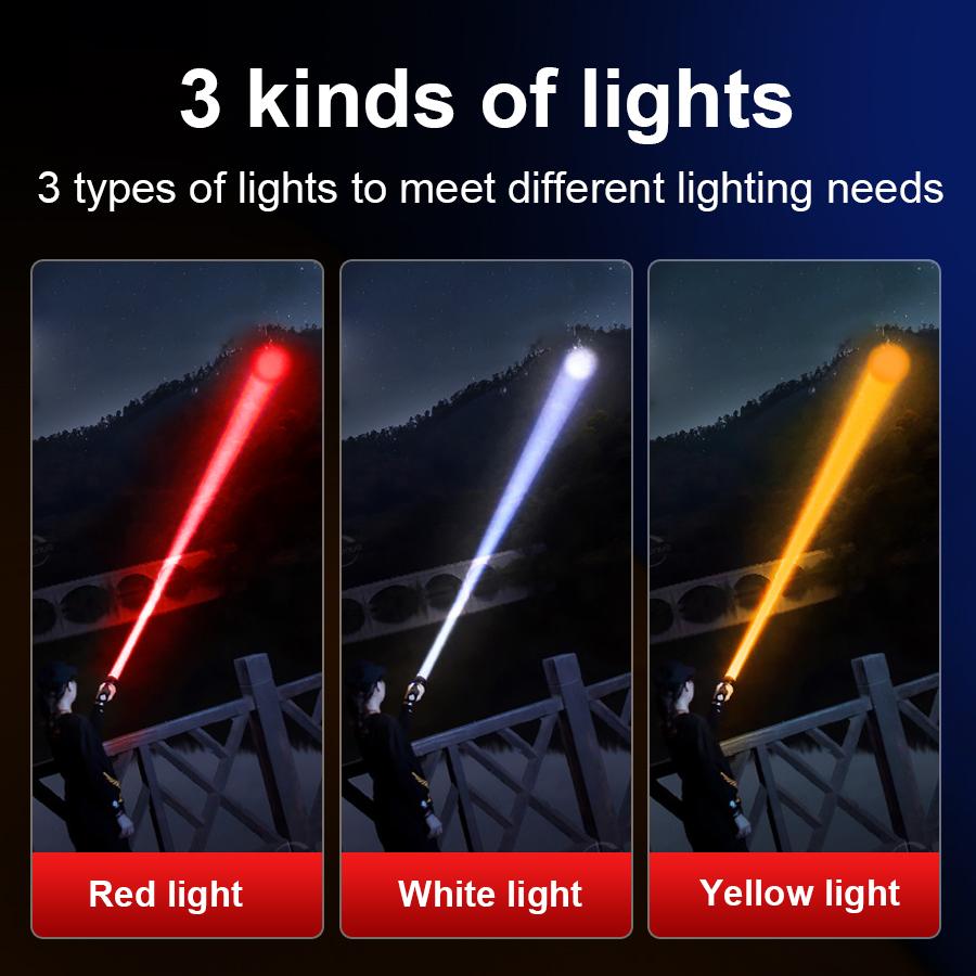 99000LM Фонарик высокой мощности 3 источника света Перезаряжаемый фонарь с желтым светом для работы на открытом воздухе Кемпинговый фонарь с зумом