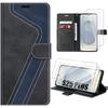 Protective Case - BOOLING - for Samsung Galaxy S25 Plus - PU Leather - Black/Navy Blue - 2 Tempered Glasses