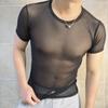 Summer Man Slim Sexy Sheer Men's Wear Round Neck Solid Color Grid Mesh Gauze Tops Men's Personality T-shirt