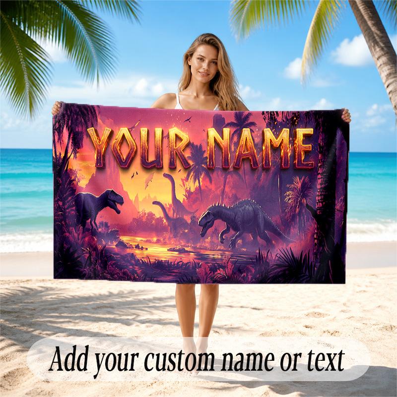 Dinosaur Theme Quick Dry Beach Towel Custom Name Text Print Large Sand Resistant Towel Beach Vacation