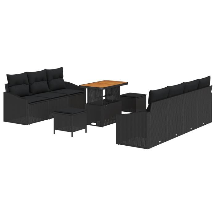 Ensemble de canapé de jardin 10 pièces avec coussins noir en rattan synthétique, Canapé de jardin 2 places avec coussins 3362619