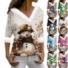 Women's Fashionable V Neck Long Sleeved Christmas Printed Plush Collar Casual Top