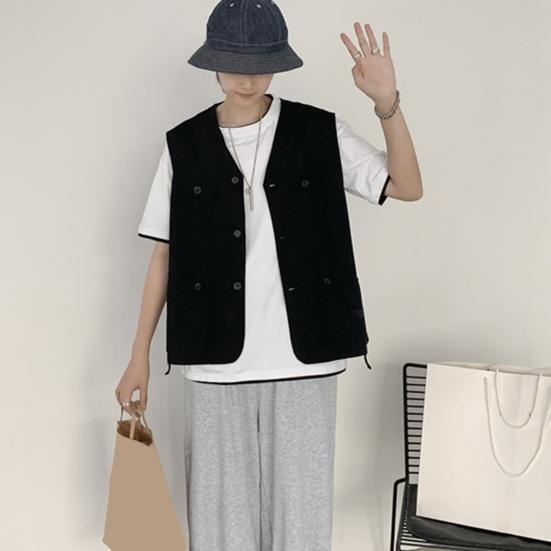 Мужской повседневный жилет без воротника, без рукавов, на пуговицах, жилет, однотонное пальто с несколькими карманами, тонкий стильный уличный жилет-карго