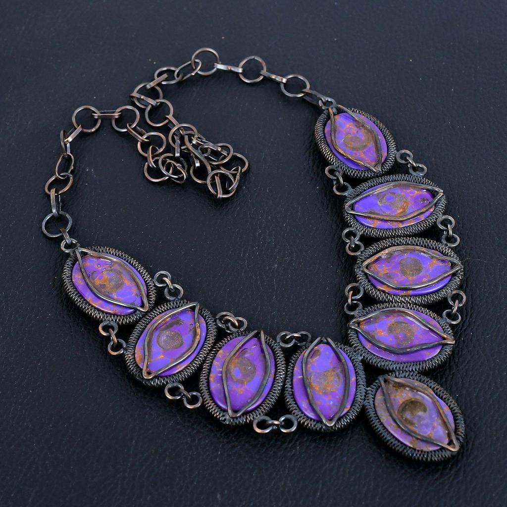 Фиолетово-бирюзовое ожерелье, ювелирные изделия из драгоценных камней, обернутые медной проволокой 999 пробы, ожерелье ручной работы, потрясающие украшения, подарок для нее