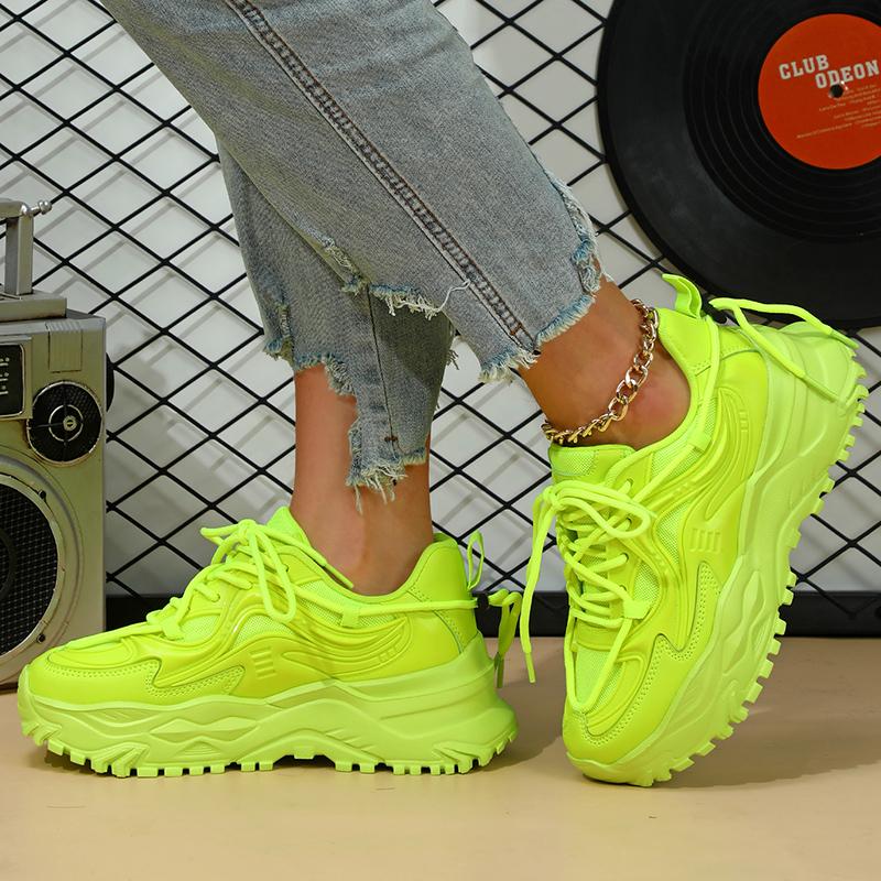 Модные универсальные кроссовки для бега на толстой подошве для пар, мужские и женские, флуоресцентные зеленые, нескользящие, унисекс, на шнуровке, повседневная спортивная обувь