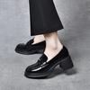 Round Head Small Leather Shoes Women's Spring New Pullover Cow Patent Leather Metal Buckle Thick Heel Single Shoes