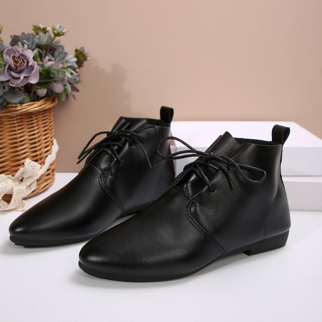 Модные женские ботильоны однотонные кожаные 2026 осенняя мода острый носок шнуровка плоская подошва ботинки для женщин повседневные ретро швейные туфли
