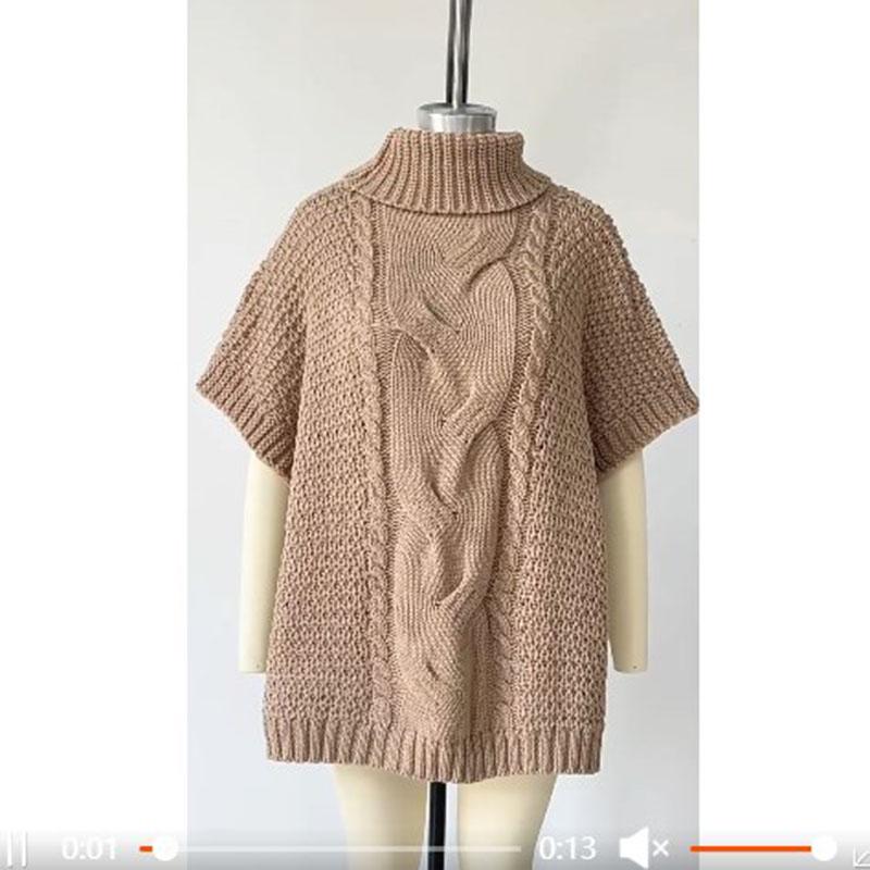 High Neck Knitted Shawl Crochet Fried Dough Twists Pattern Women's Loose Pullover Half Sleeved Sweater Casual Thick Warm Knitwear Autumn and Winter