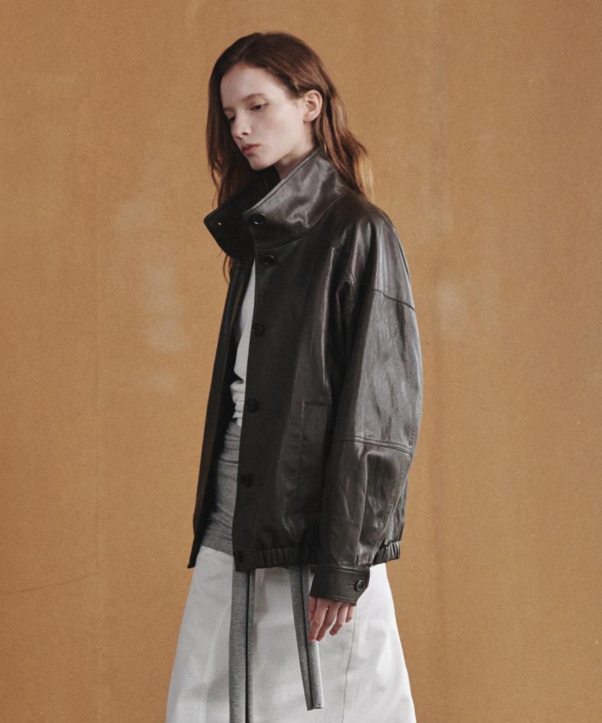 OSTKAKA High-Neck Leather Blouson Jumper Brown