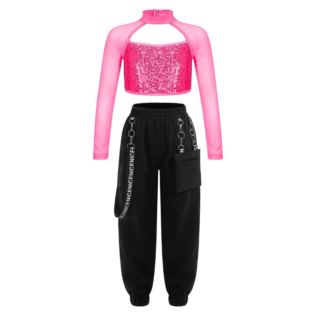 Kids Girls Casual Outfits Long Sleeve Mock Neck Crop Top with Elastic Waistband Pants for Hip-hop Street Dance