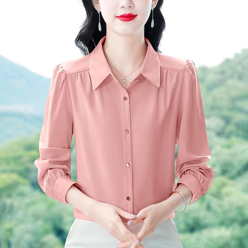 Women's Long Sleeve Shirt Spring and Autumn Shirt Elegant Solid Color Loose Base Shirt