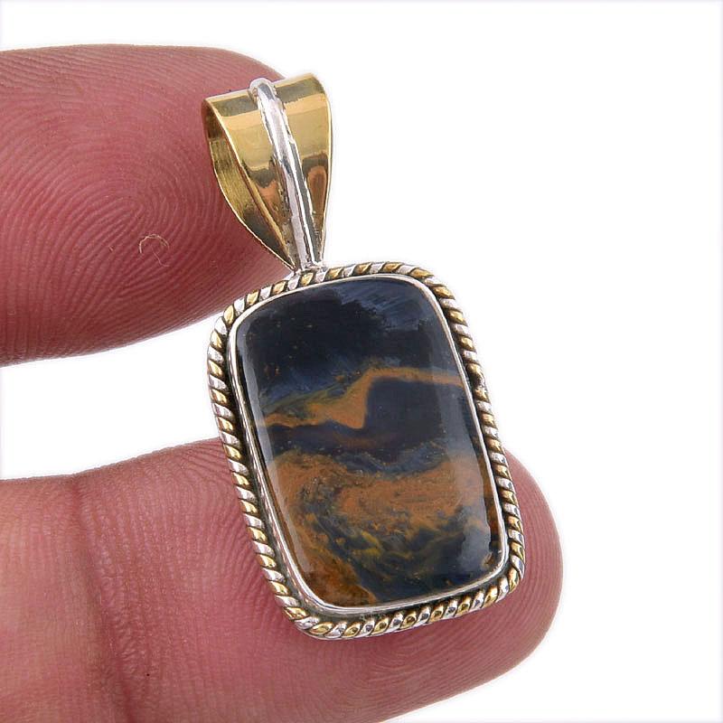 Natural Pietersite Gemstone 925 Solid Sterling Silver TwoTone Pendant 1.25" U0g52