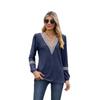 Autumn Winter Solid Color Lace Patchwork V-neck Long Sleeved Loose T-shirt Top T-Shirts (women’s)