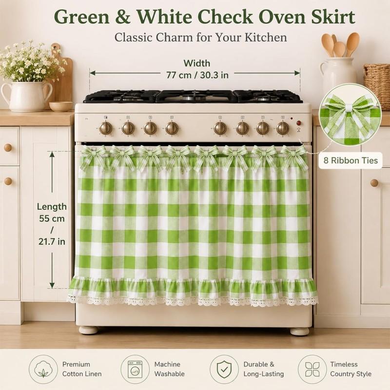 Green Plaid Cotton Linen Oven Curtain Kitchen Stove Cover Farmhouse Decor Door Panel 77x55cm
