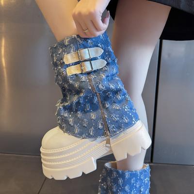 10СМ Осенне-зимние массивные короткие ботинки Женские парусиновые туфли на высоком каблуке до середины икры Кожаные кроссовки Тренд Пряжка Мотоциклетные ботинки Зимняя обувь