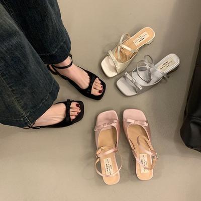 Французские босоножки на толстом каблуке серебристые с тонкими ремешками туфельки феи 2025 новый летний сезон с юбкой бант римские туфли