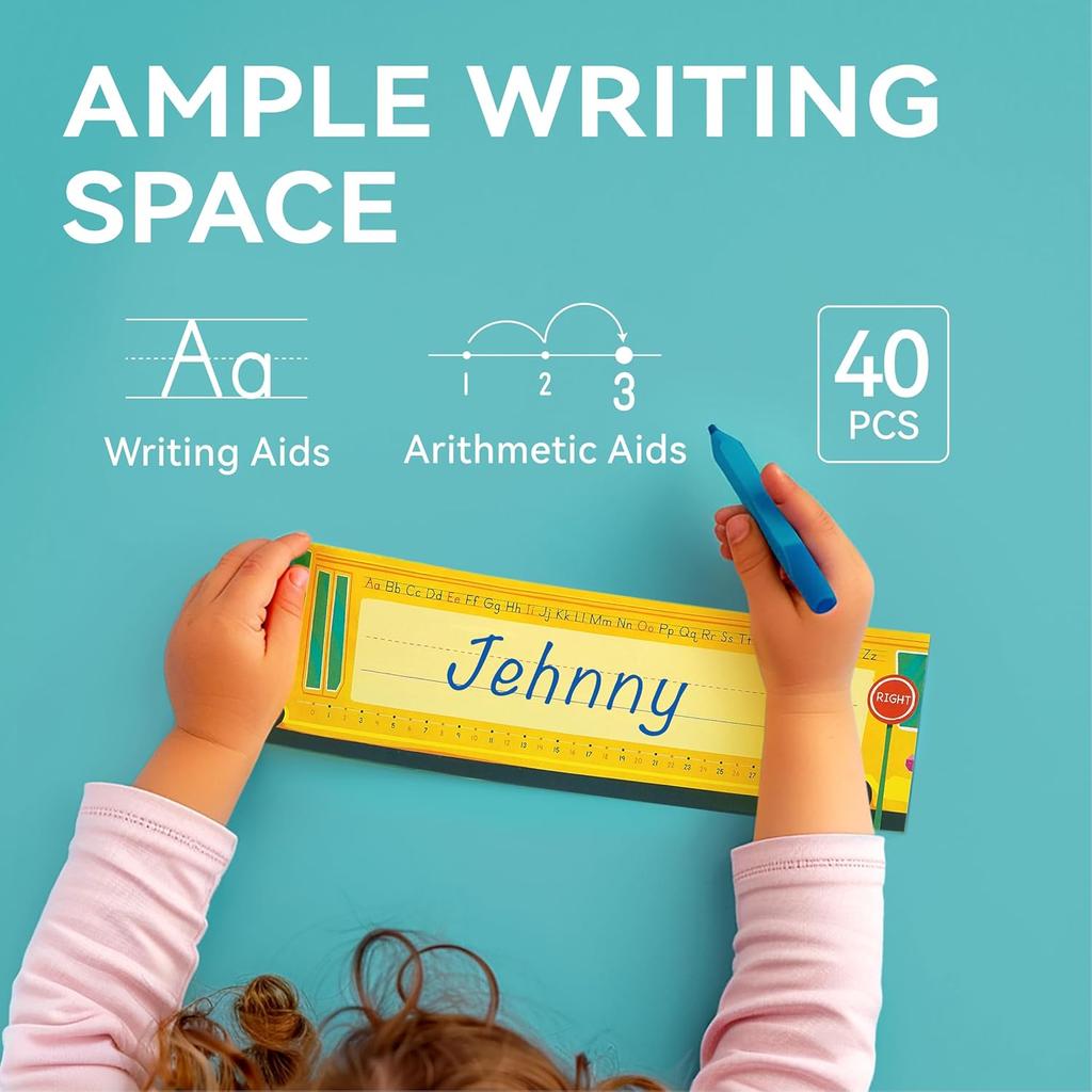 40 PCS Desk Nameplates for Classroom, Name Plate for Desk with Alphabet, Number Line, Traditional Manuscript Name Plate for Classroom School