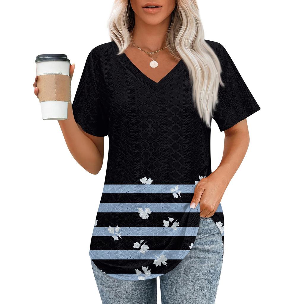 Womens T Shirts V Neck Short Sleeve Casual Tops Loose Fit Basic Tees With Curved Hem