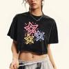 Colorful Stars Personality Print Snow Wash T-Shirt Women Casual Cotton Washed T Shirt Soft Retro Short Sleeve Top